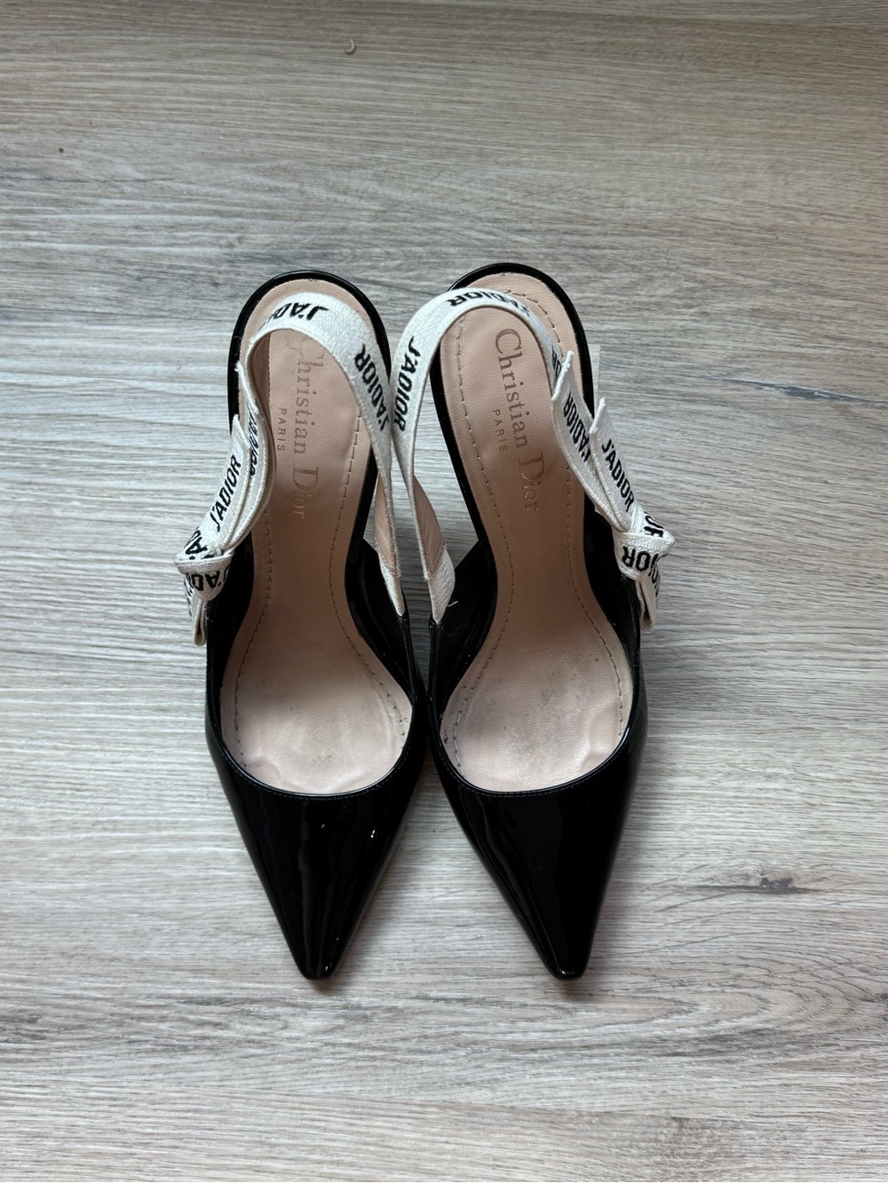 Dior Black Patent Slingback Heels with White Logo Strap